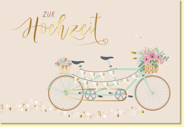Glückwunschkarte Hochzeit Tandem Fahrrad Just Married Blumen romantische Hochzeitskarte stilvoll modern liebevoll gestaltete Doppelkarte