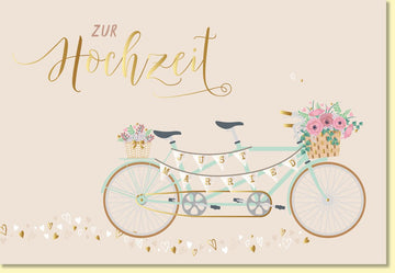 Glückwunschkarte Hochzeit Tandem Fahrrad Just Married Blumen romantische Hochzeitskarte stilvoll modern liebevoll gestaltete Doppelkarte