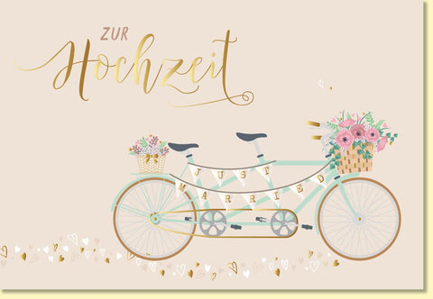 Glückwunschkarte Hochzeit Tandem Fahrrad Just Married Blumen romantische Hochzeitskarte stilvoll modern liebevoll gestaltete Doppelkarte