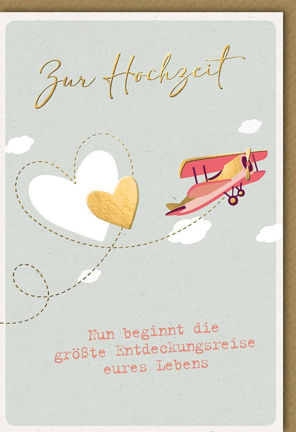 Glückwunschkarte Hochzeit - Vintage Fliegerherz für Brautpaar, Beige Luftpost-Stil - Liebe & Abenteuer für Paare, Freunde & Familie