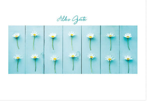 Glückwunschkarte in Holzoptik mit Gänseblümchen & Pusteblume - Retro Design, Naturmotiv, Hellblau