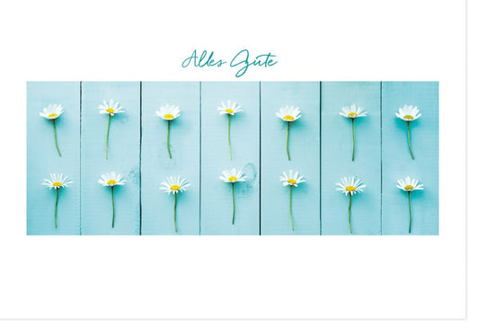 Glückwunschkarte in Holzoptik mit Gänseblümchen & Pusteblume - Retro Design, Naturmotiv, Hellblau