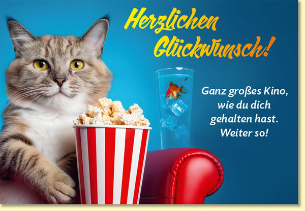 Glückwunschkarte Katze mit Popcorn und Goldfisch lustige Doppelkarte für Kino Fans originelle Glückwunschkarten allgemein