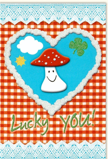 Glückwunschkarte "Lucky You" mit Glitzerlack - Kleeblatt, Pilz & Herz Motive, Rot - Weiß Kariert, Sonne & Wolke Design für besondere Anlässe
