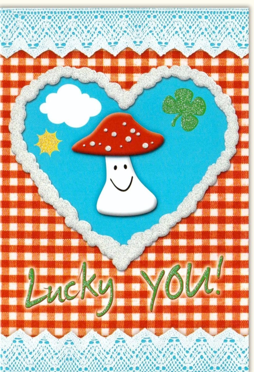 Glückwunschkarte "Lucky You" mit Glitzerlack - Kleeblatt, Pilz & Herz Motive, Rot - Weiß Kariert, Sonne & Wolke Design für besondere Anlässe