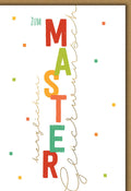 Glückwunschkarte Master Abschluss – Bunte Buchstaben im modernen Design mit Konfetti