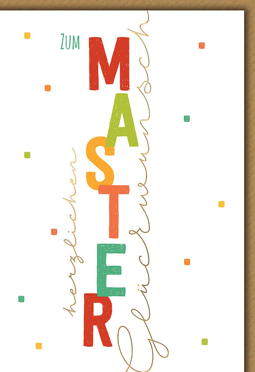 Glückwunschkarte Master Abschluss – Bunte Buchstaben im modernen Design mit Konfetti