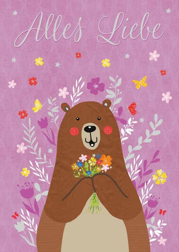 Glückwunschkarte mit Bär & Blumen - "Alles Liebe", Herzliche Grüße, Süße Tierillustration auf Lila Hintergrund