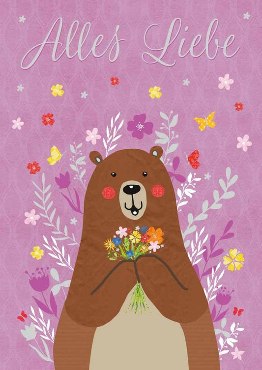 Glückwunschkarte mit Bär & Blumen - "Alles Liebe", Herzliche Grüße, Süße Tierillustration auf Lila Hintergrund