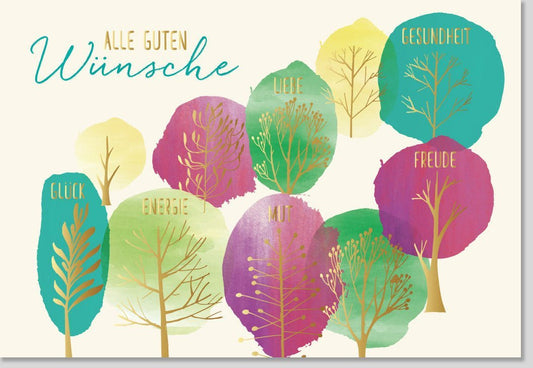 Glückwunschkarte mit bunten Bäumen – Natur - Design für Geburtstag & Feier, Festliche Papeterie, Celebration Wishes Card