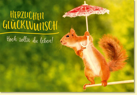 Glückwunschkarte mit Eichhörnchen und Schirm Hoch sollst du leben Doppelkarte farbenfroh originell für besondere Anlässe