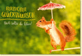 Glückwunschkarte mit Eichhörnchen und Schirm Hoch sollst du leben Doppelkarte farbenfroh originell für besondere Anlässe