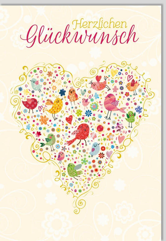 Glückwunschkarte mit Herzmotiv | Farbenfrohe Karte mit Blumen & Vögeln für besondere Anlässe - Ideal zum Geburtstag