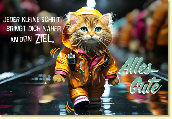 Glückwunschkarte mit Katze im Regenmantel motivierend lustig Alles Gute Karte für viele Anlässe hochwertige Doppelkarte
