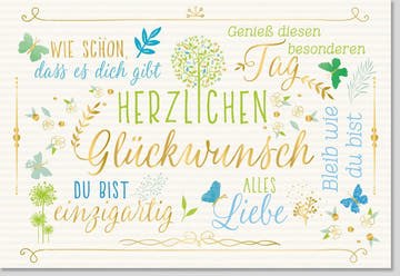Glückwunschkarte mit liebevollen Sprüchen: Farbenfrohe Grüße in Blau, Gelb & Grün für Erwachsene und Jugendliche