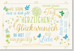 Glückwunschkarte mit liebevollen Sprüchen: Farbenfrohe Grüße in Blau, Gelb & Grün für Erwachsene und Jugendliche