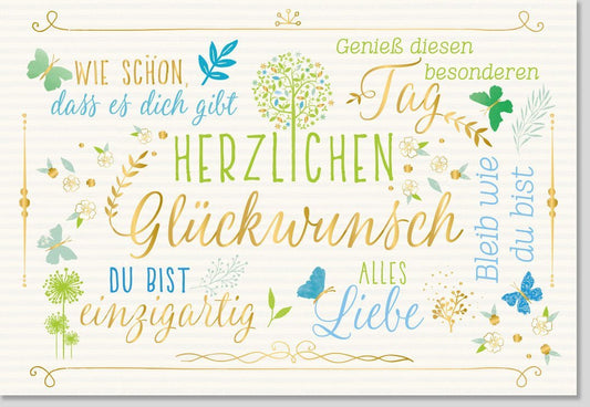 Glückwunschkarte mit liebevollen Sprüchen: Farbenfrohe Grüße in Blau, Gelb & Grün für Erwachsene und Jugendliche