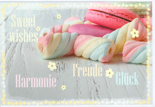 Glückwunschkarte mit Macarons und Marshmallows in Pastellfarben für Freude Harmonie Glück Sweet Wishes Grußkarte Doppelkarte