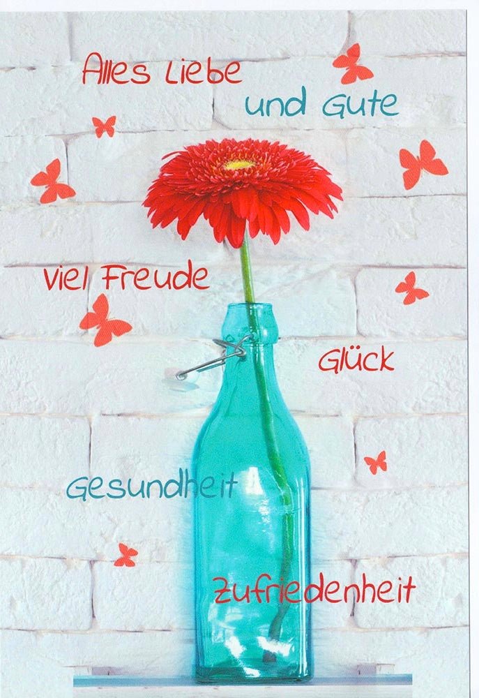 Glückwunschkarte mit roter Blume in Vase und Schmetterlingen Alles Liebe Gesundheit Freude Zufriedenheit Grußkarte