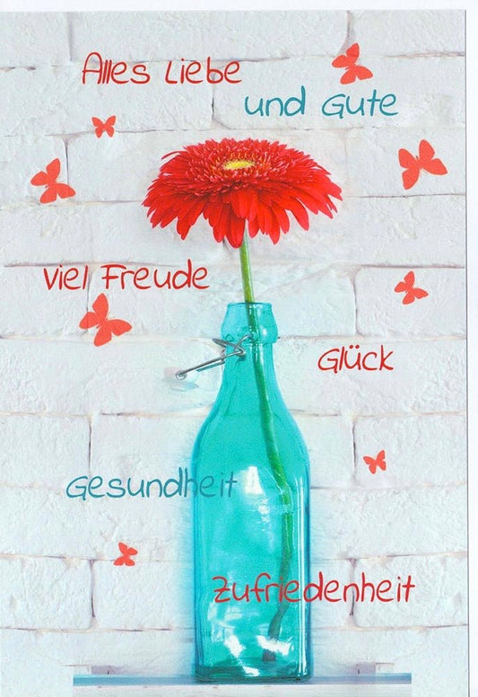Glückwunschkarte mit roter Blume in Vase und Schmetterlingen Alles Liebe Gesundheit Freude Zufriedenheit Grußkarte
