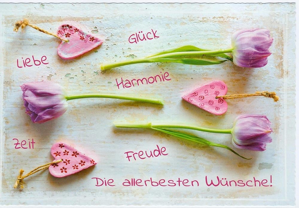 Glückwunschkarte mit Tulpen und Herzen liebevolle Botschaft für Freude Harmonie Glück Zeit und die allerbesten Wünsche