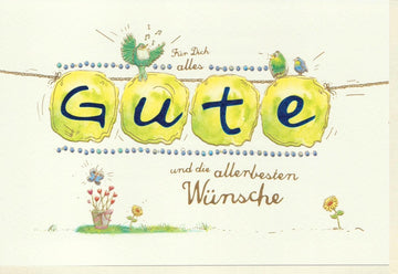 Glückwunschkarte mit Vogel - und Blumenmotiv, Papieroptik & Lampionkette - Perfekt für herzliche Grüße