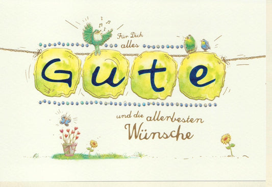 Glückwunschkarte mit Vogel - und Blumenmotiv, Papieroptik & Lampionkette - Perfekt für herzliche Grüße