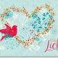 Glückwunschkarte mit Vogelmotiv - Herzliche Grüße, Blumen - Design, Fröhliche Illustration für Freunde & Familie, Hellblau & Rot