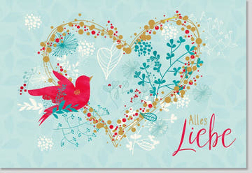 Glückwunschkarte mit Vogelmotiv - Herzliche Grüße, Blumen - Design, Fröhliche Illustration für Freunde & Familie, Hellblau & Rot
