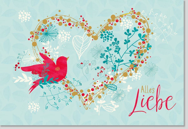 Glückwunschkarte mit Vogelmotiv - Herzliche Grüße, Blumen-Design, Fröhliche Illustration für Freunde & Familie, Hellblau & Rot