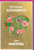Glückwunschkarte Namenstag – Blumenherz auf Goldfolie mit Aquarell-Design