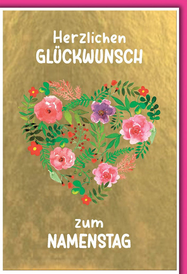 Glückwunschkarte Namenstag – Blumenherz auf Goldfolie mit Aquarell-Design