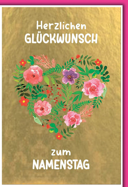 Glückwunschkarte Namenstag – Blumenherz auf Goldfolie mit Aquarell - Design