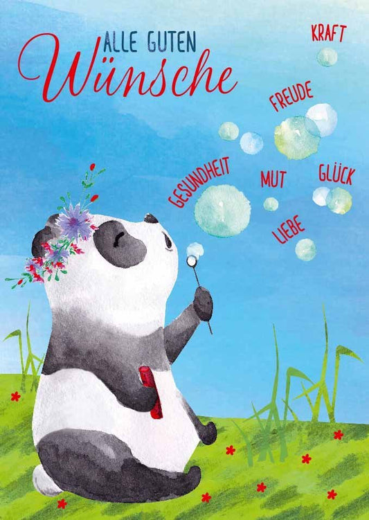 Glückwunschkarte Panda & Pusteblume – Liebevolle Botschaft für Gesundheit und Glück, Farbenfrohe Himmelsillustration