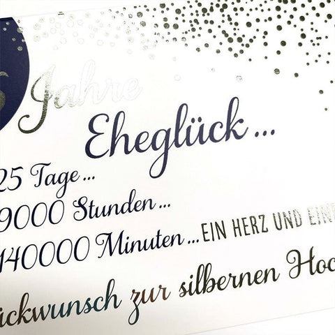 Glückwunschkarte Silberhochzeit 25 Jahre Eheglück stilvolle Doppelkarte mit Spruch und silbernen Akzenten für besondere Hochzeitsjubiläen