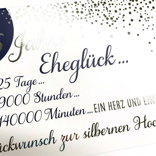 Glückwunschkarte Silberhochzeit 25 Jahre Eheglück stilvolle Doppelkarte mit Spruch und silbernen Akzenten für besondere Hochzeitsjubiläen