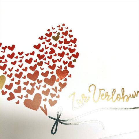 Glückwunschkarte Verlobung mit Herz Motiv in Rot und Gold liebevoll gestaltet hochwertige Doppelkarte für Verlobungspaar