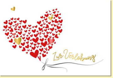 Glückwunschkarte Verlobung mit Herz Motiv in Rot und Gold liebevoll gestaltet hochwertige Doppelkarte für Verlobungspaar