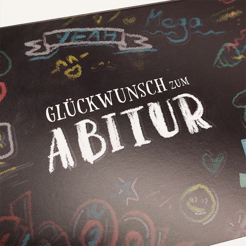 Glückwunschkarte zum Abitur mit bunter Kreidetafel und motivierenden Sprüchen perfekte Doppelkarte für Schulabschluss und bestandene Prüfungen