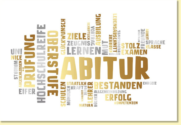 Glückwunschkarte zum Abitur modern mit Wortwolke in Gold und Beige für bestandene Prüfung und erfolgreichen Abschluss