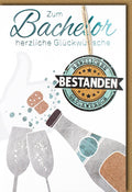 Glückwunschkarte zum Bachelor - Sektflasche Motiv, Akademische Feier zur erfolgreichen Prüfung, Universitätsabschluss Toast