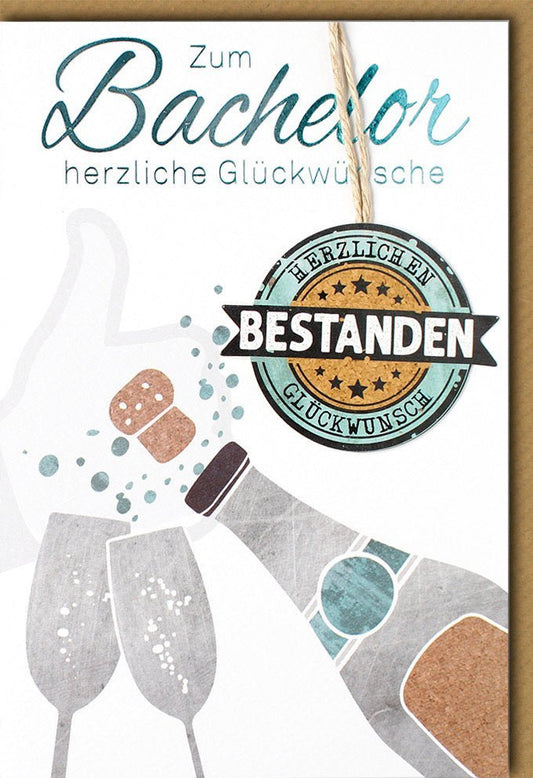 Glückwunschkarte zum Bachelor - Sektflasche Motiv, Akademische Feier zur erfolgreichen Prüfung, Universitätsabschluss Toast