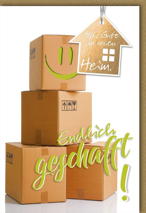 Glückwunschkarte zum Einzug – Hauswarming Grußkarte mit Umzugskisten - Motiv, ideal für Freunde & Familie in Braun & Grün