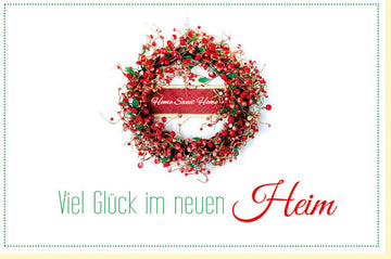 Glückwunschkarte zum Einzug mit modernem Kranz und Schriftzug Viel Glück im neuen Heim stilvolle Doppelkarte für Hausbesitzer