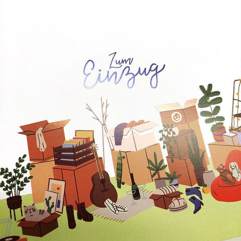 Glückwunschkarte zum Einzug mit Umzugskartons Pflanzen Katze und modernen Illustrationen perfekte Doppelkarte für den Neuanfang