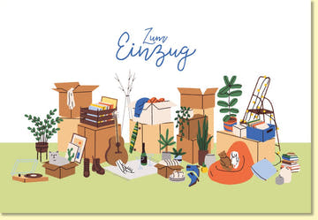 Glückwunschkarte zum Einzug mit Umzugskartons Pflanzen Katze und modernen Illustrationen perfekte Doppelkarte für den Neuanfang