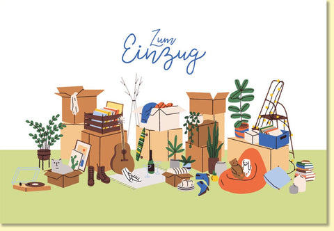 Glückwunschkarte zum Einzug mit Umzugskartons Pflanzen Katze und modernen Illustrationen perfekte Doppelkarte für den Neuanfang