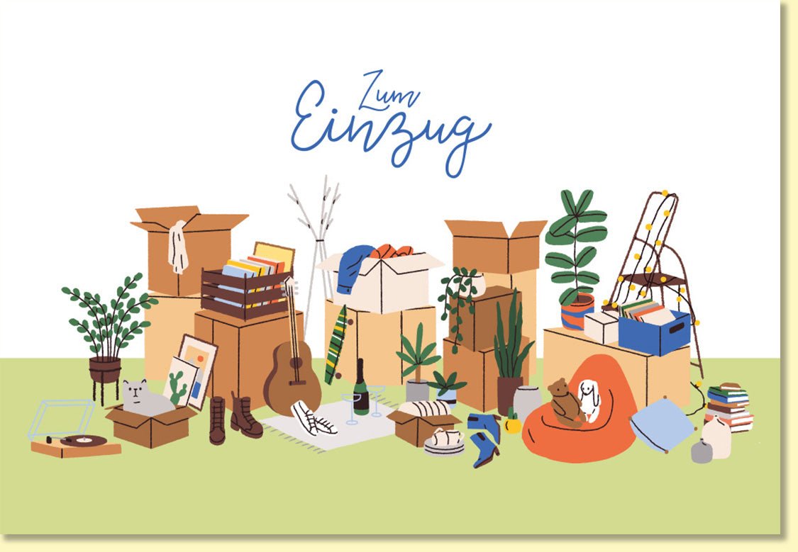 Glückwunschkarte zum Einzug mit Umzugskartons Pflanzen Katze und modernen Illustrationen perfekte Doppelkarte für den Neuanfang