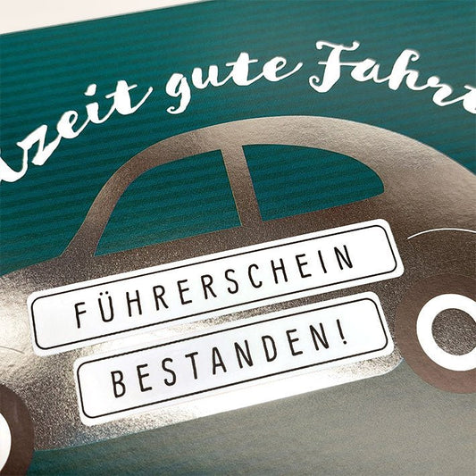 Glückwunschkarte zum Führerschein Allzeit gute Fahrt silbernes Auto modernes Design Karte zur bestandenen Fahrprüfung