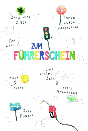 Glückwunschkarte zum Führerschein farbenfroh mit Ampel Tankstelle und Glückssymbolen für Autofahrer und Fahranfänger